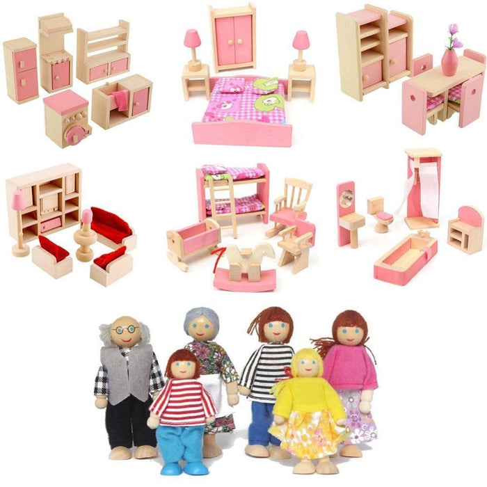 Wooden Furniture  & Doll for Doll House - Complete Set